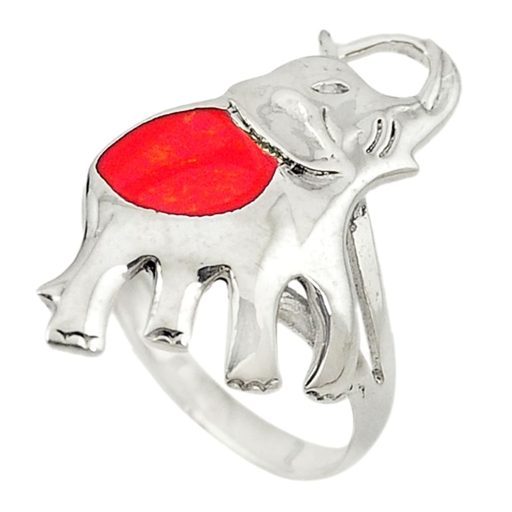 Red coral enamel 925 sterling silver elephant ring jewelry size 5.5 a73129