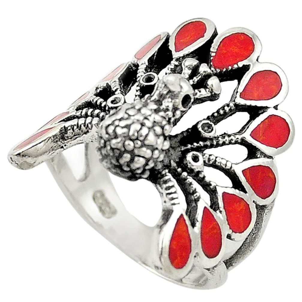 Red sponge coral enamel 925 silver peacock ring jewelry size 6.5 a73142