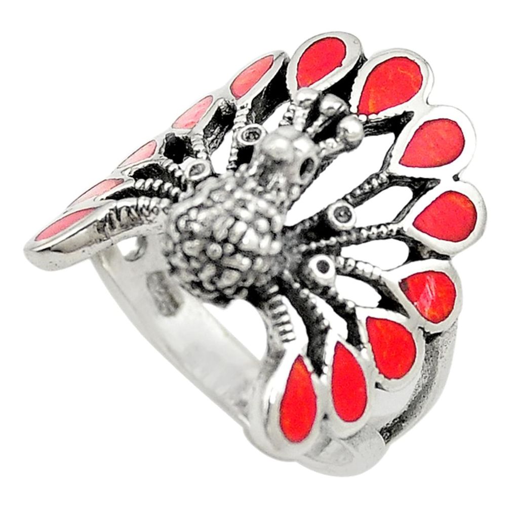 Red sponge coral enamel 925 silver peacock ring jewelry size 8 a73143