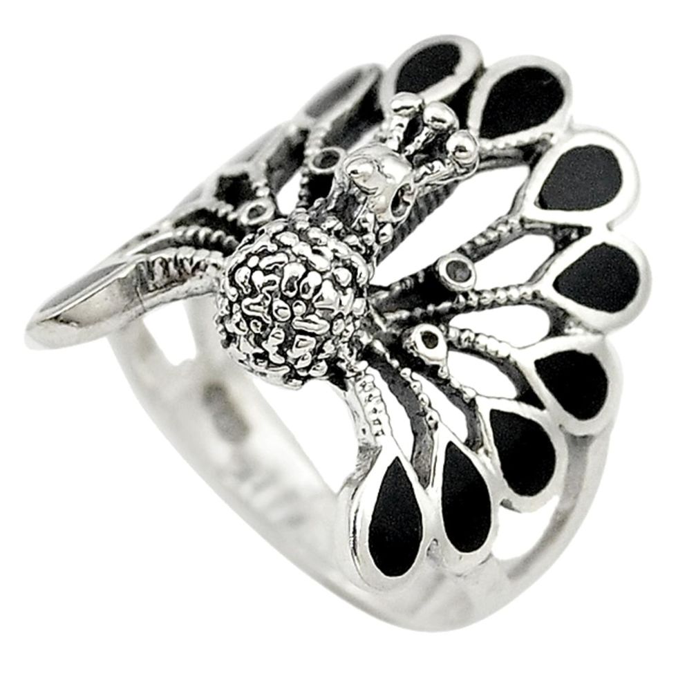 Black onyx enamel 925 sterling silver peacock ring jewelry size 7.5 a73149