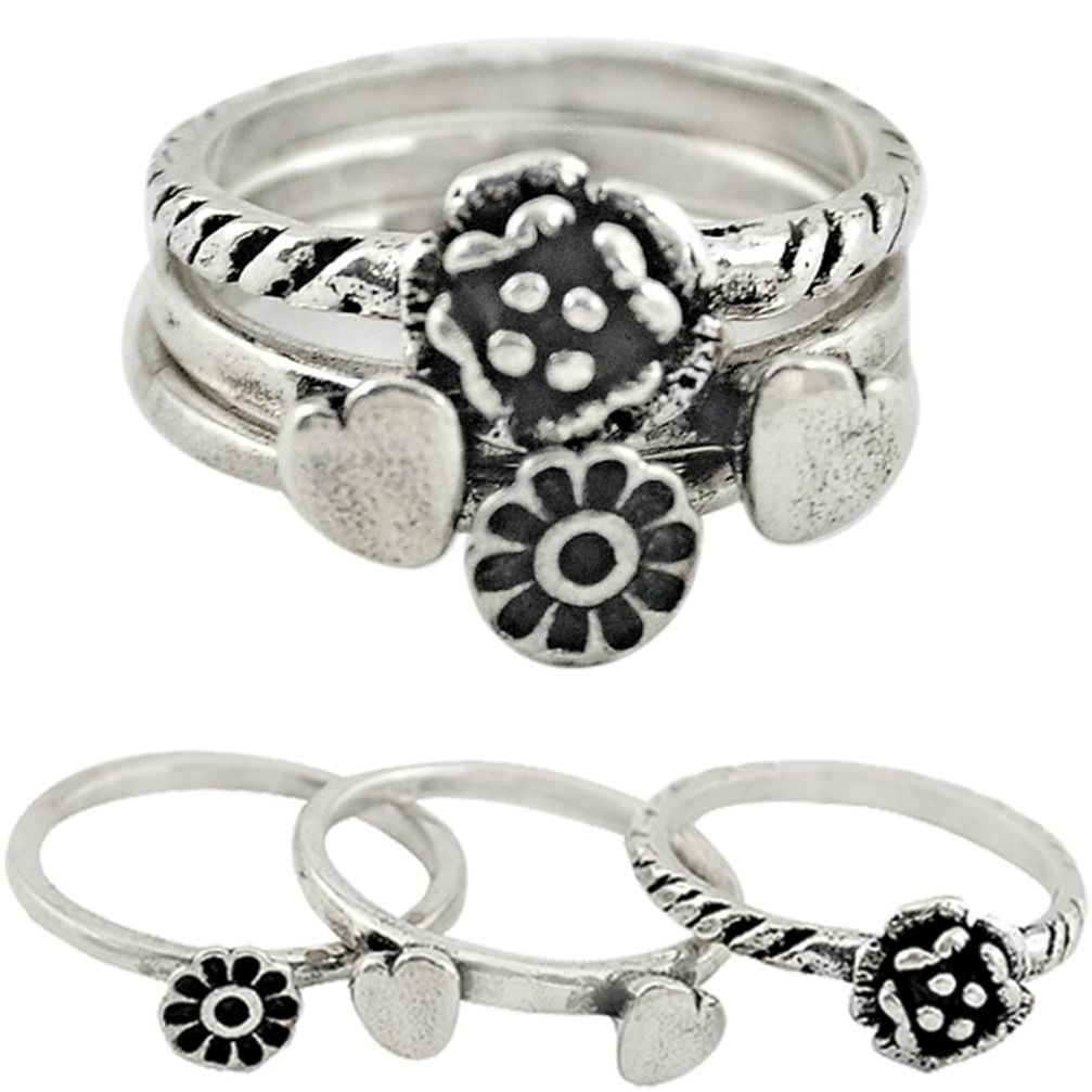 Indonesian bali style solid 925 silver flower 3 band rings size 5.5 a73206