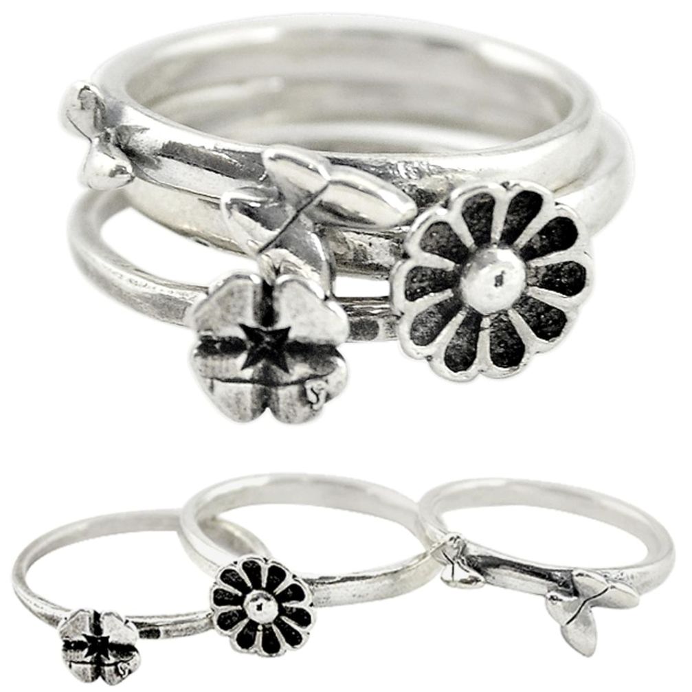 Indonesian bali style solid 925 silver flower 3 band rings size 6 a73222