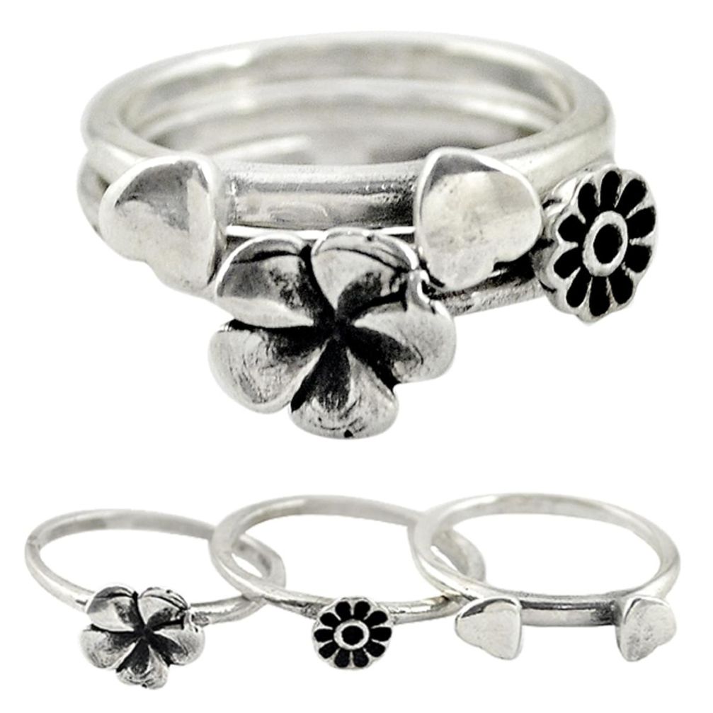 Indonesian bali style solid 925 silver flower 3 band rings size 6 a73223