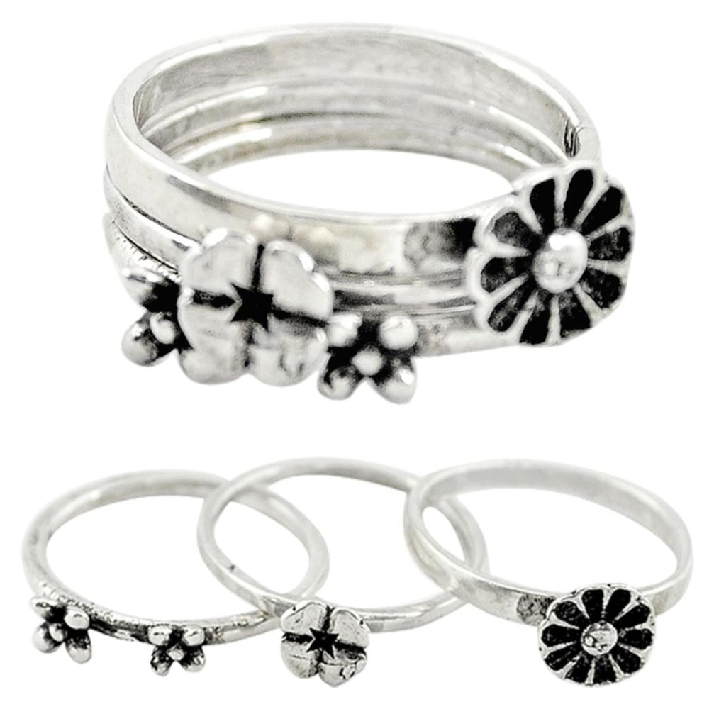 Indonesian bali style solid 925 silver flower 3 band rings size 6 a73228