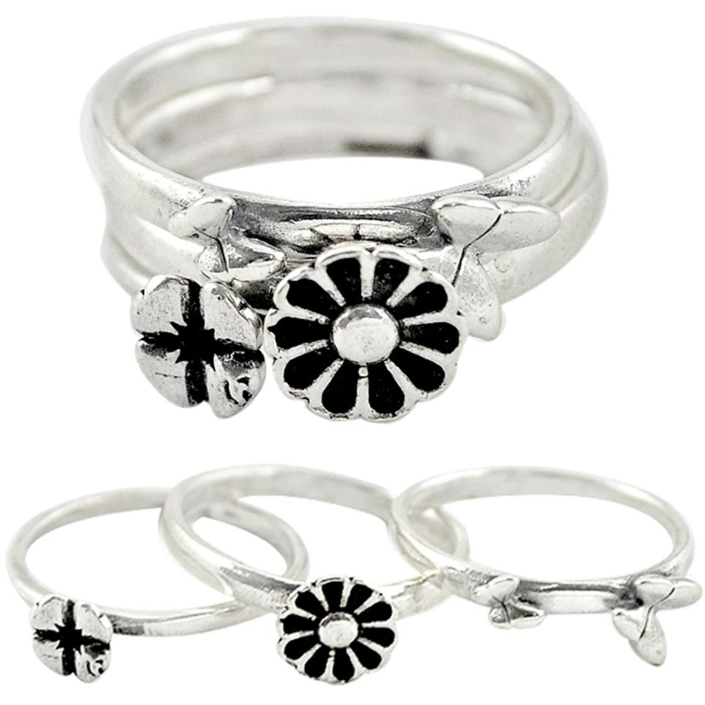 Indonesian bali style solid 925 silver flower 3 band rings size 7 a73231