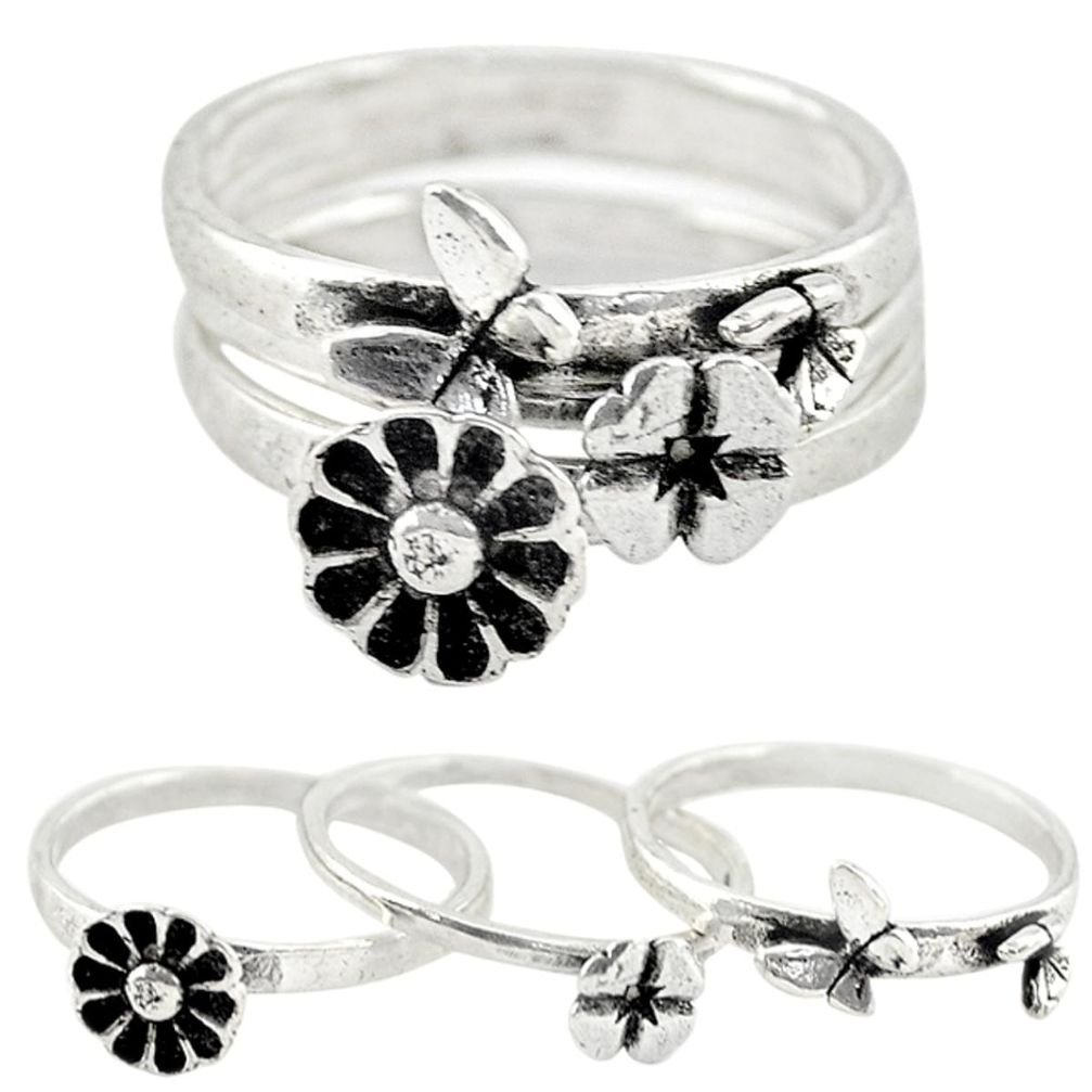 Indonesian bali style solid 925 silver flower 3 band rings size 7 a73233