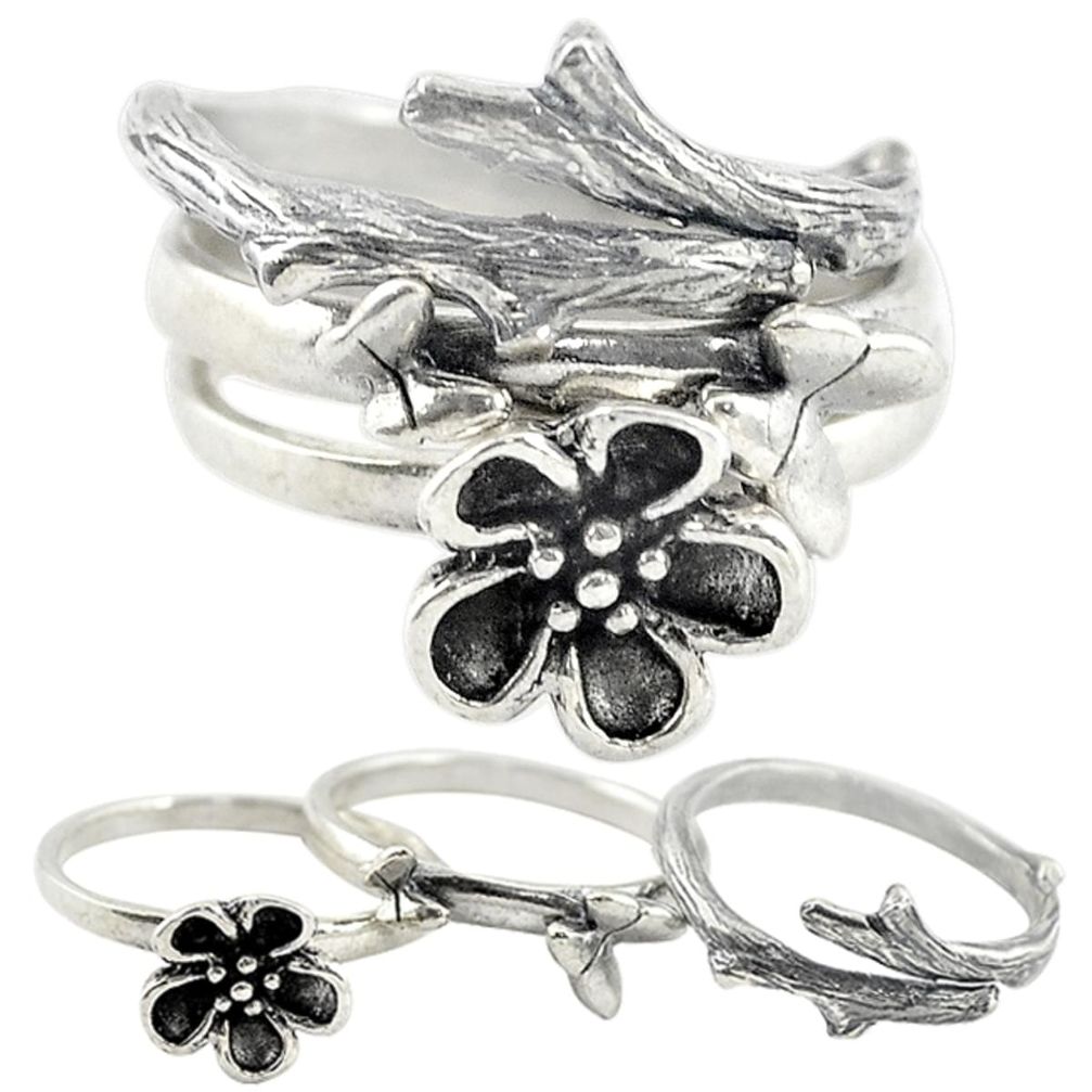 925 silver indonesian bali style solid flower 3 band rings size 6 a73235