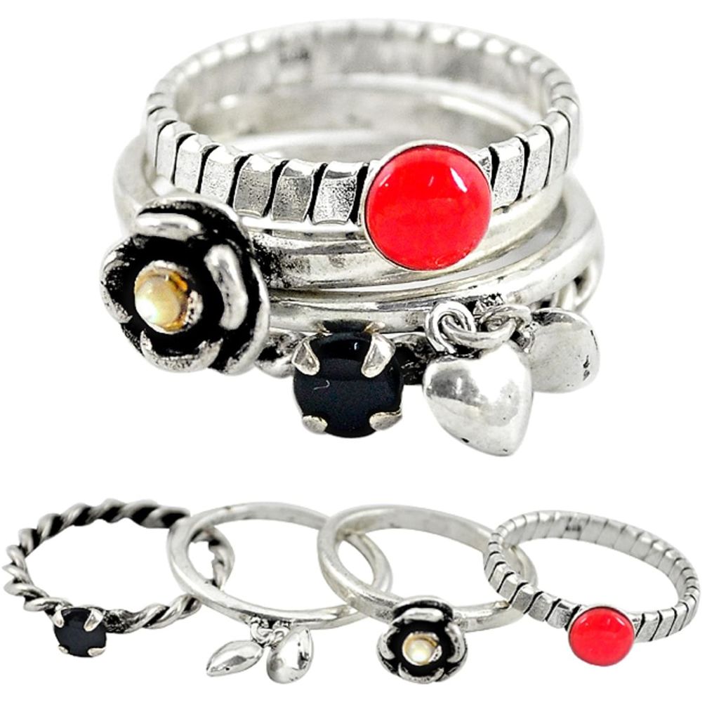 Red coral pearl 925 sterling silver flower 4 band rings jewelry size 6.5 a73237