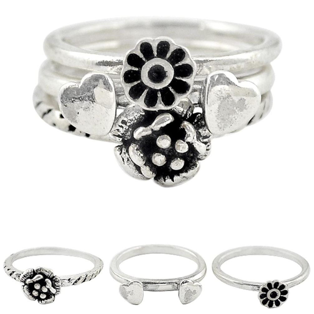 Indonesian bali style solid 925 silver flower 3 band rings ring size 5.5 a73239