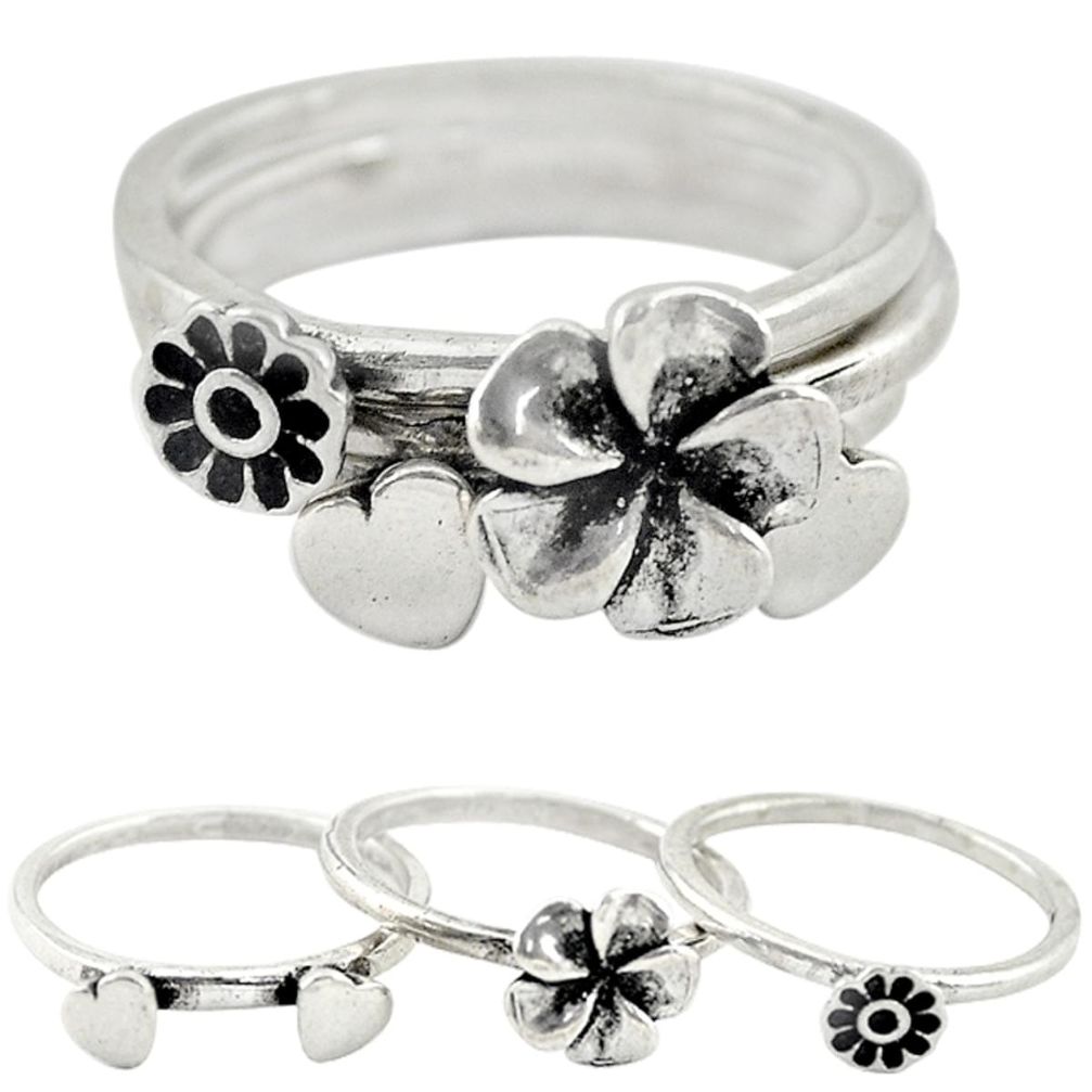 925 silver indonesian bali style solid flower 3 band rings ring size 7.5 a73240