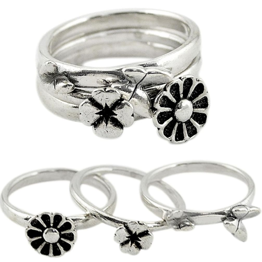 Indonesian bali style solid 925 silver flower 3 band rings size 5.5 a73241