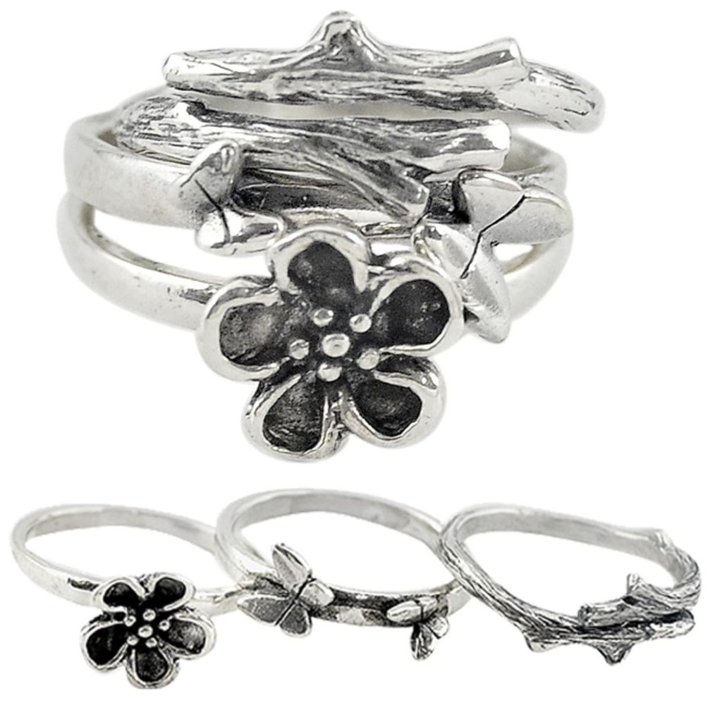Indonesian bali style solid 925 silver flower 3 band rings ring size 6 a73255