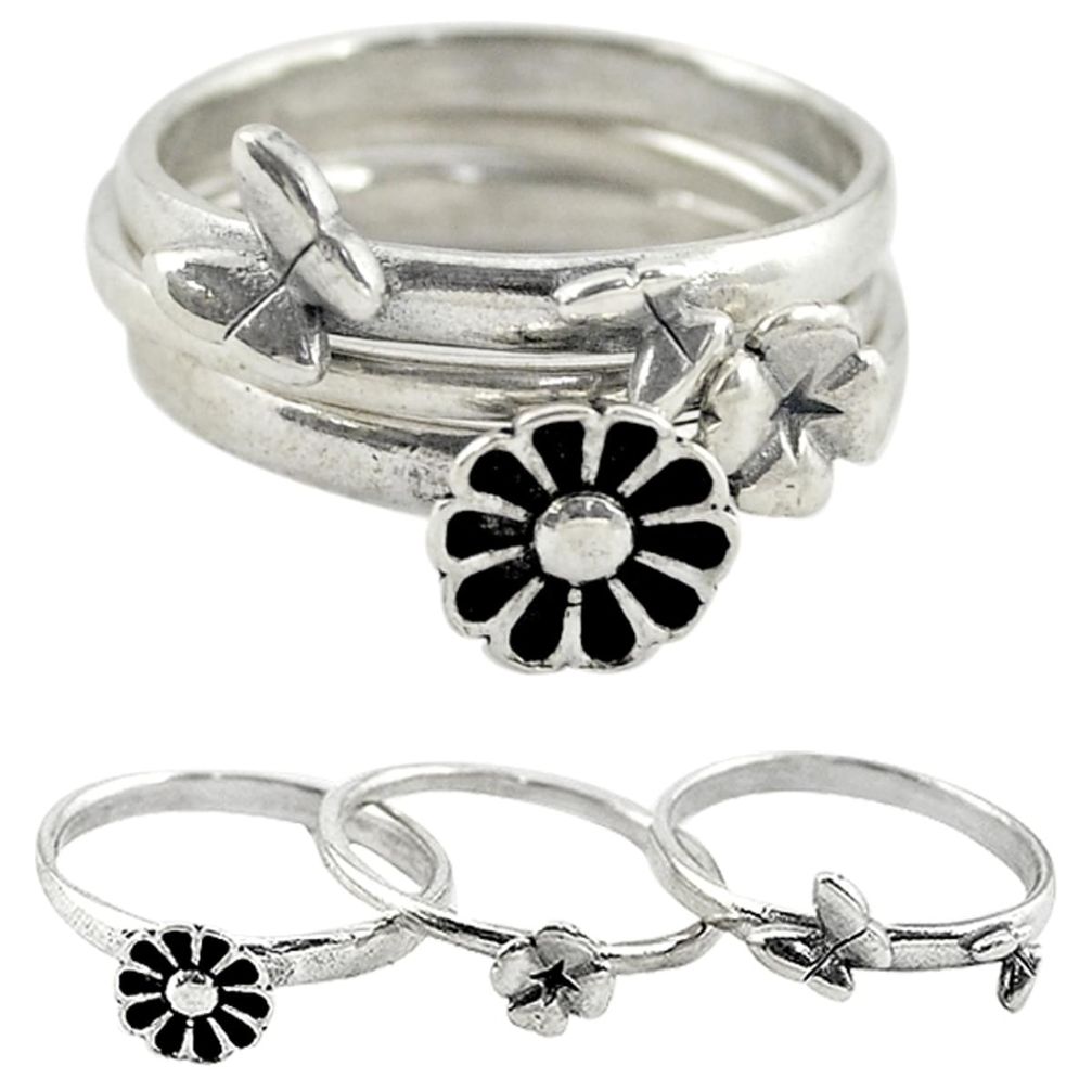 Indonesian bali style solid 925 silver flower 3 band rings size 8 a73256