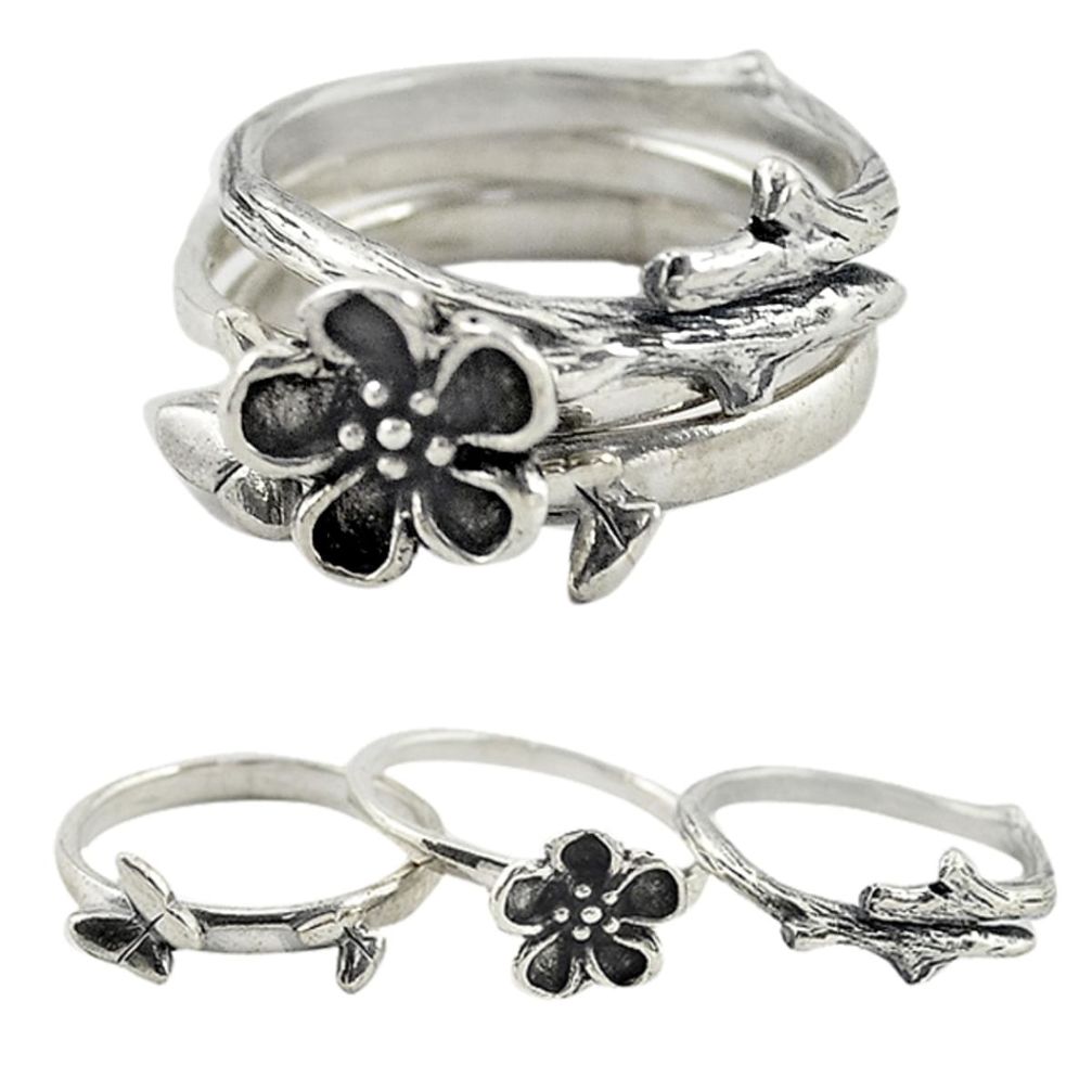 Indonesian bali style solid 925 silver flower 3 band rings size 6.5 a73263