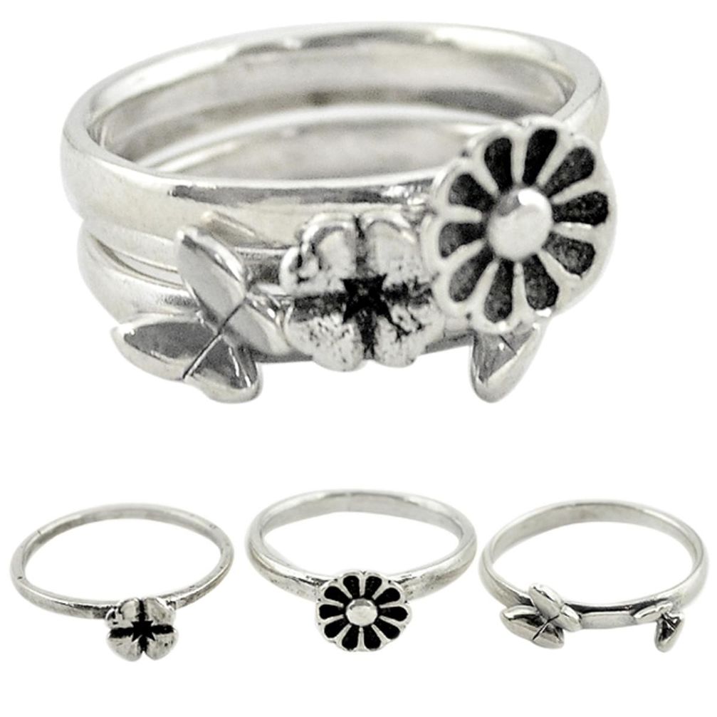 Indonesian bali style solid 925 silver flower 3 band rings size 7 a73270