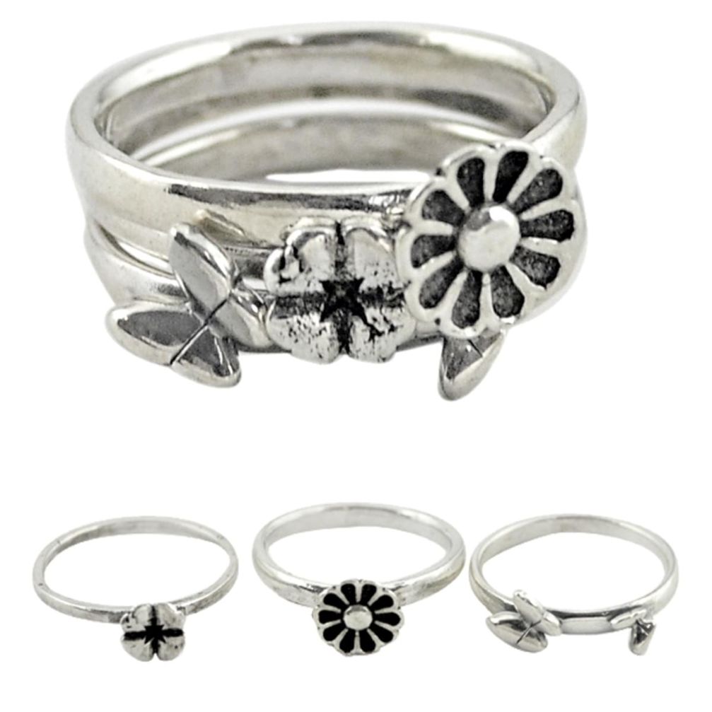 Indonesian bali style solid 925 silver flower 3 band rings size 6.5 a73271
