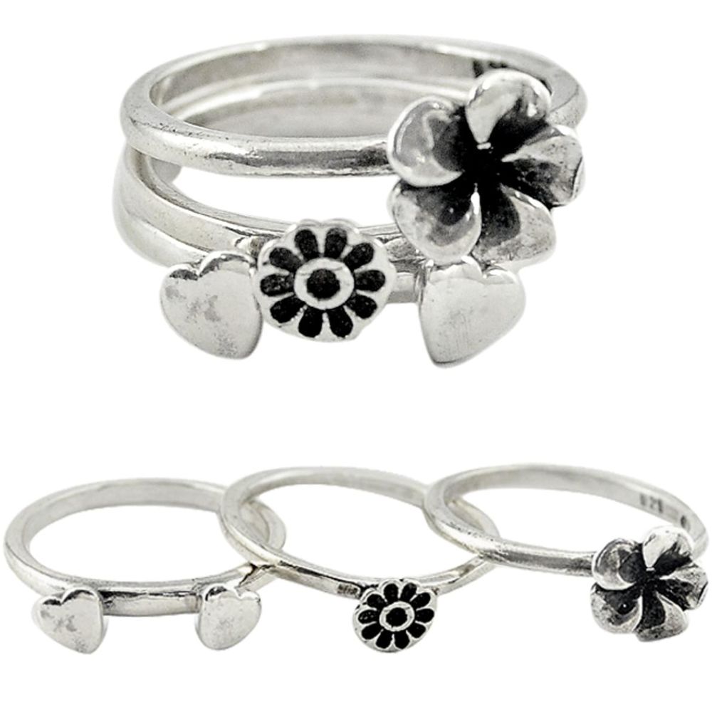 Indonesian bali style solid 925 silver flower 3 band rings size 7.5 a73273