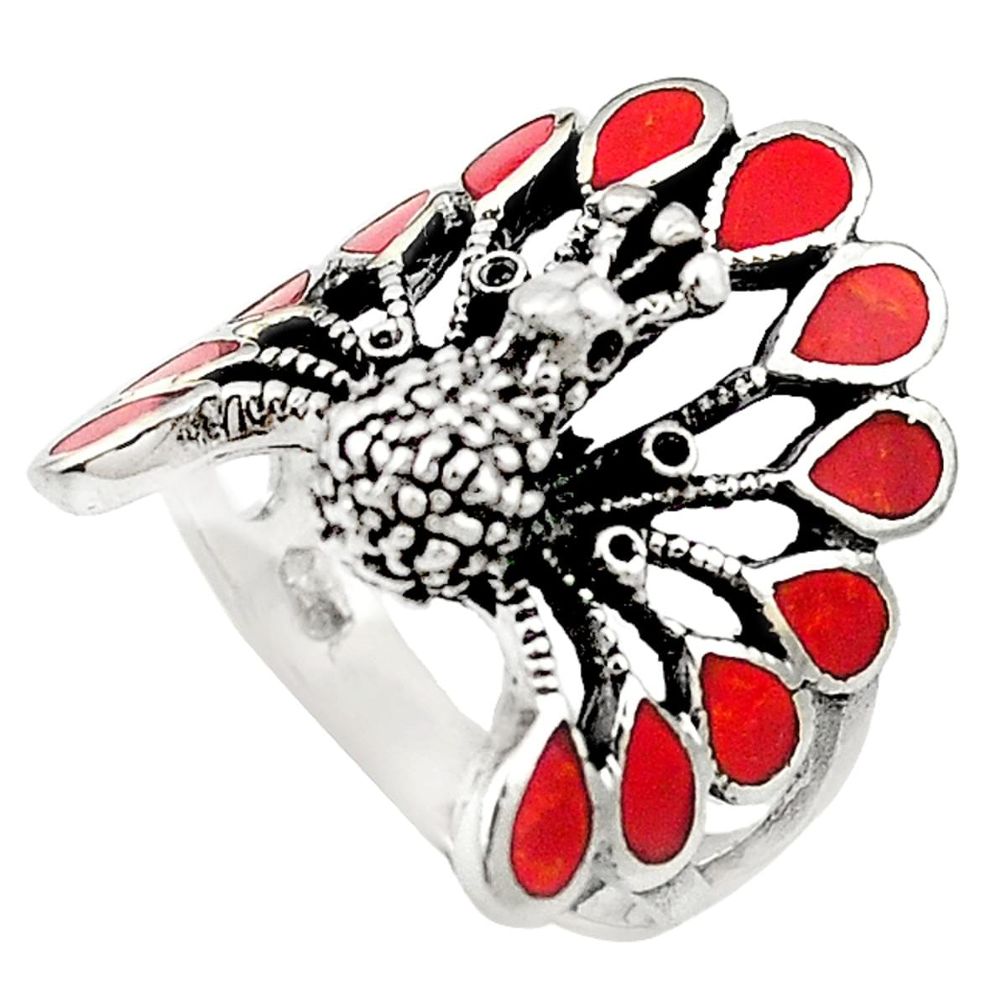 Red coral enamel 925 sterling silver peacock ring size 7.5 a73425