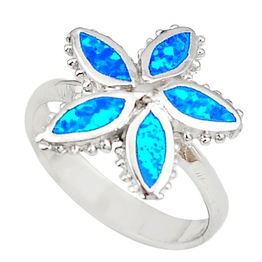 Blue australian opal (lab) enamel 925 silver flower ring size 7.5 a73443