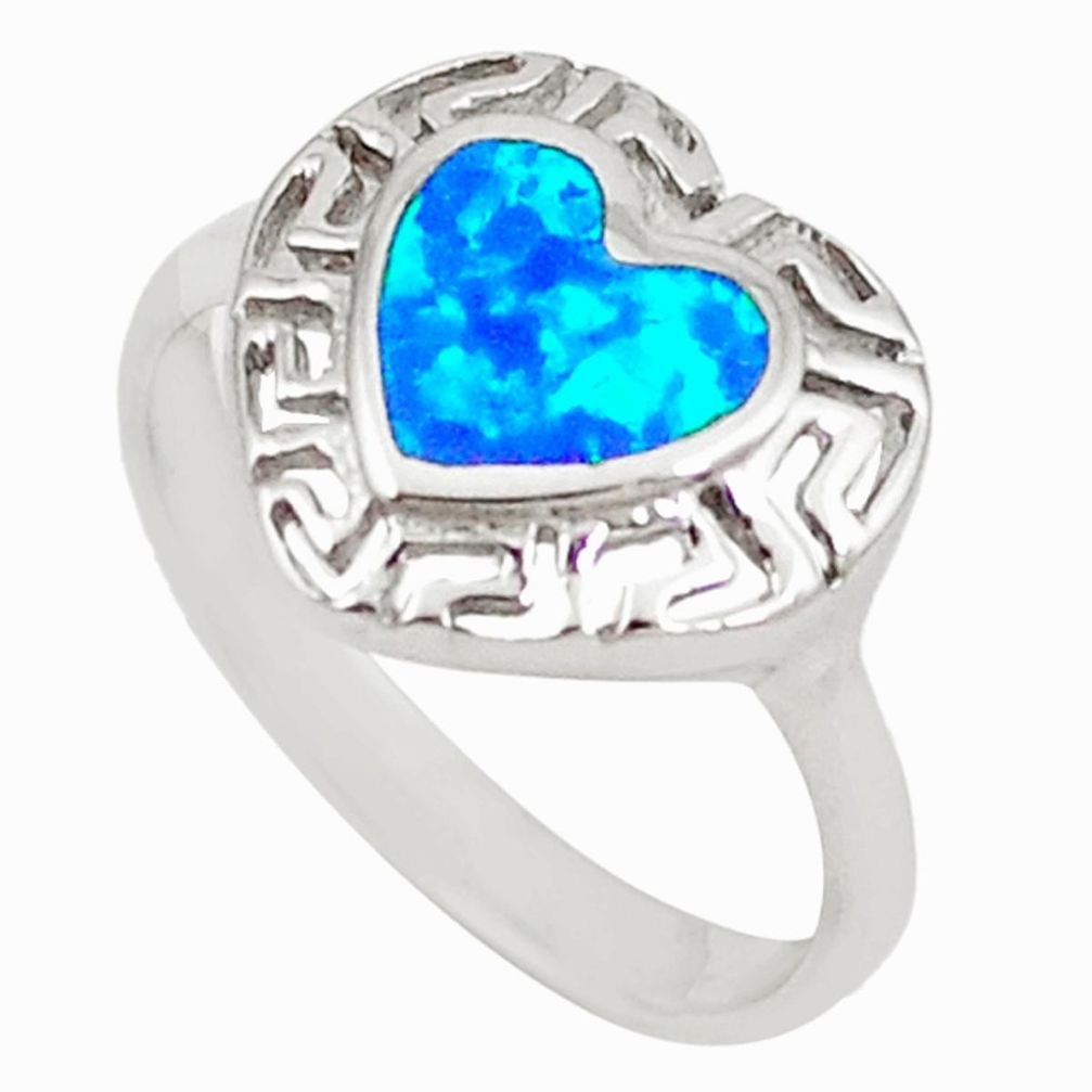 Blue australian opal (lab) enamel 925 silver heart ring jewelry size 6.5 a73454