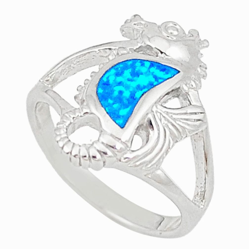 925 sterling silver blue australian opal (lab) seahorse ring size 5.5 a73464