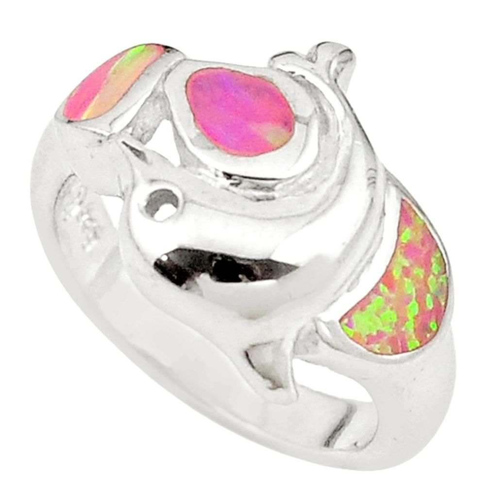 Pink australian opal (lab) enamel 925 silver ring jewelry size 6.5 a73487