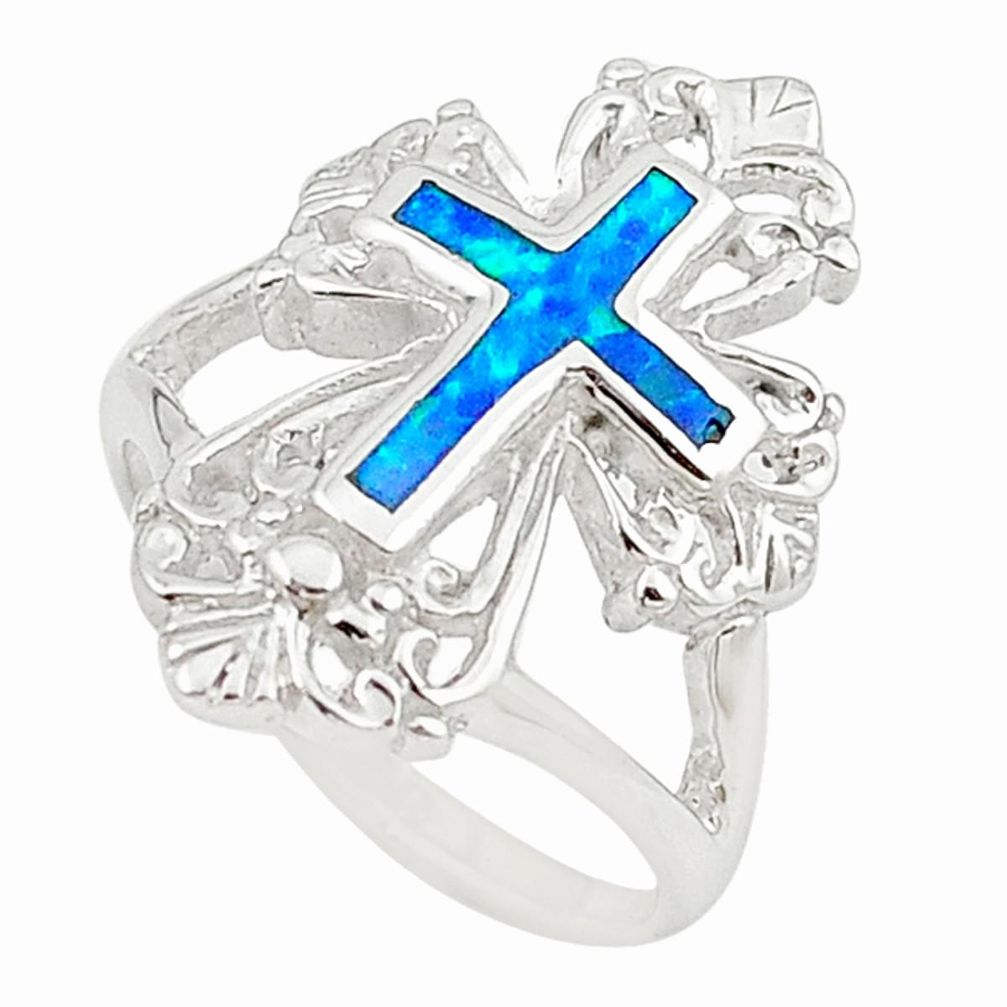 Blue australian opal (lab) 925 silver holy cross ring jewelry size 6 a73493