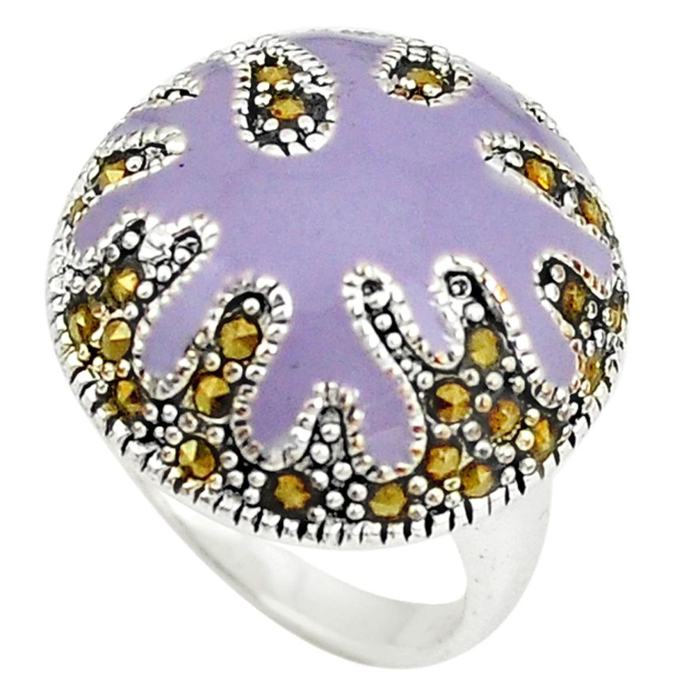 Fine marcasite purple enamel 925 sterling silver ring jewelry size 6.5 a73593