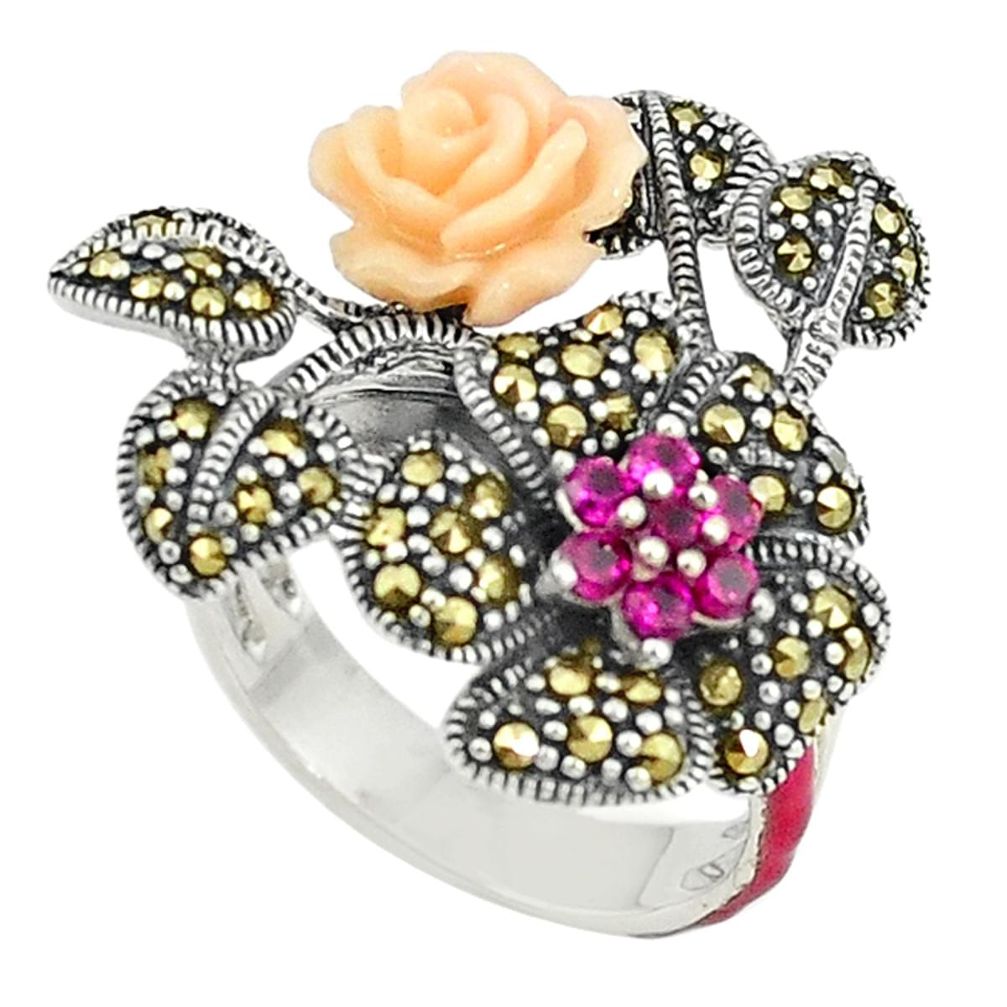 Red ruby quartz marcasite enamel 925 silver flower ring size 7.5 a73606