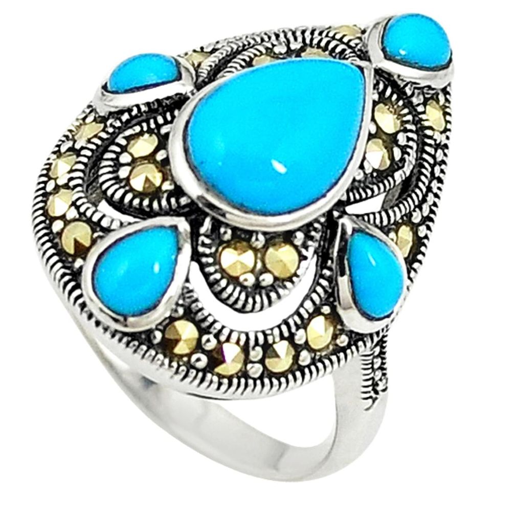 Blue sleeping beauty turquoise marcasite 925 silver ring size 5.5 a73684