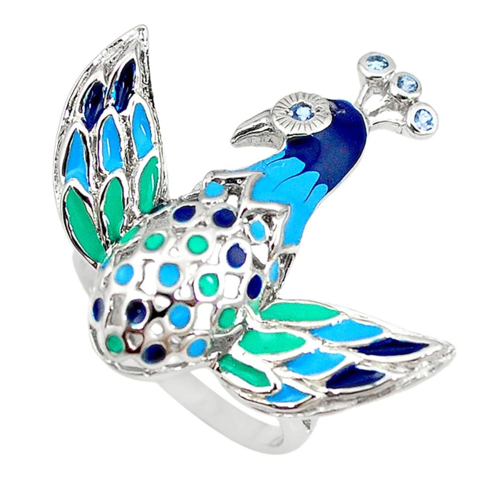 Natural blue tanzanite enamel 925 silver peacock ring jewelry size 7 a74397