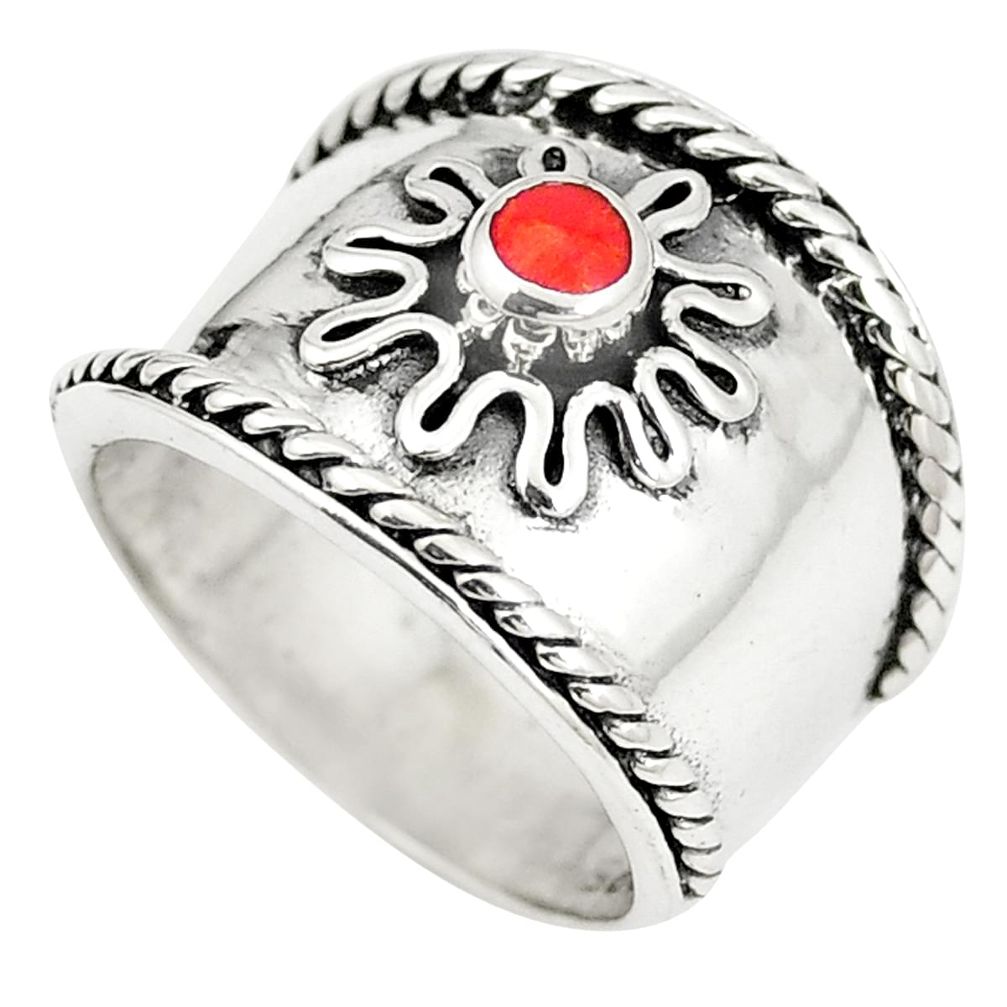 6.87gms red coral enamel 925 sterling silver ring jewelry size 5.5 a74806