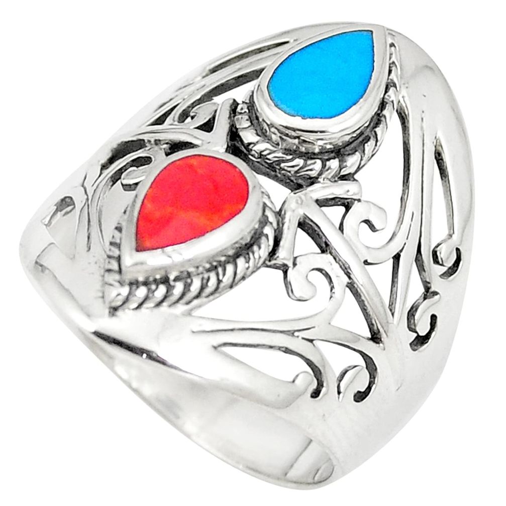 2.93cts fine blue turquoise coral 925 sterling silver ring size 7.5 a74811