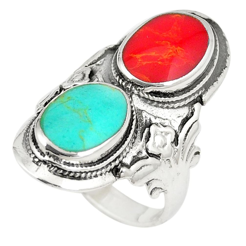 6.68gms fine green turquoise coral enamel 925 silver ring size 6.5 a74858