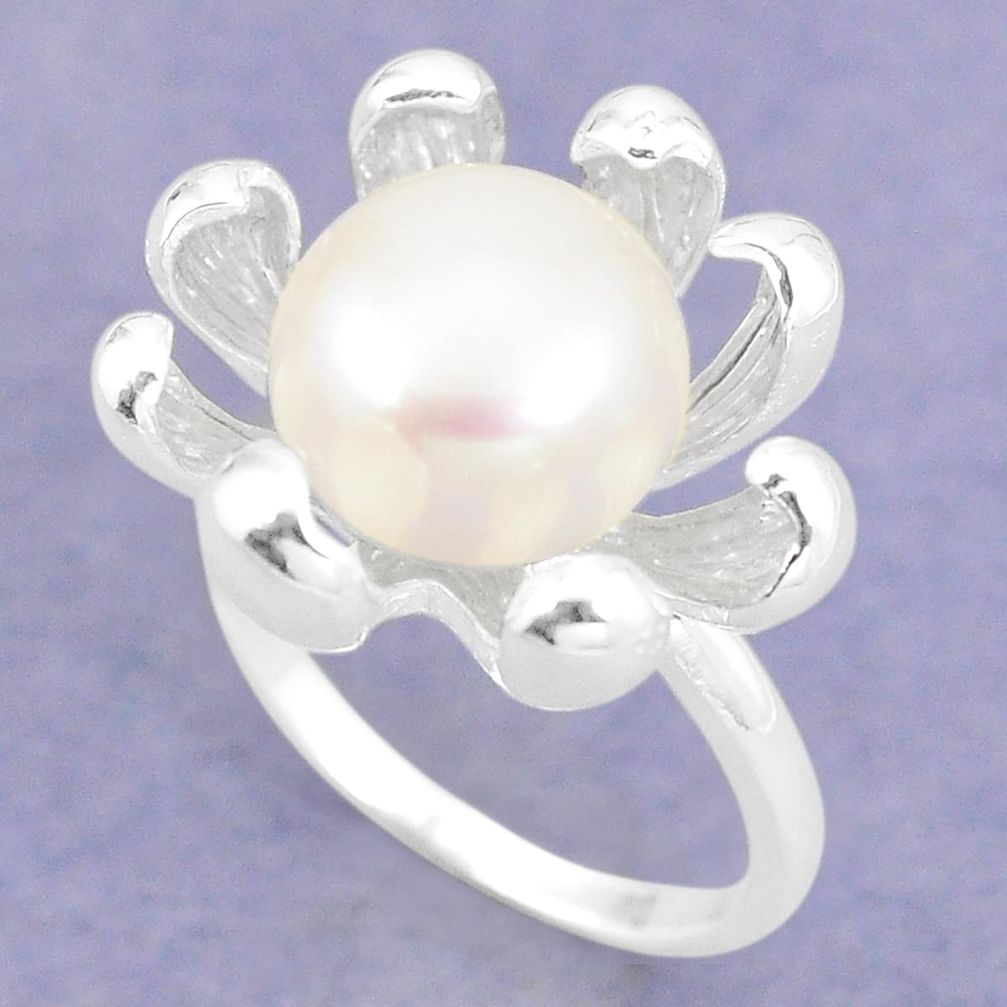 925 sterling silver natural white pearl round ring jewelry size 9 a75340