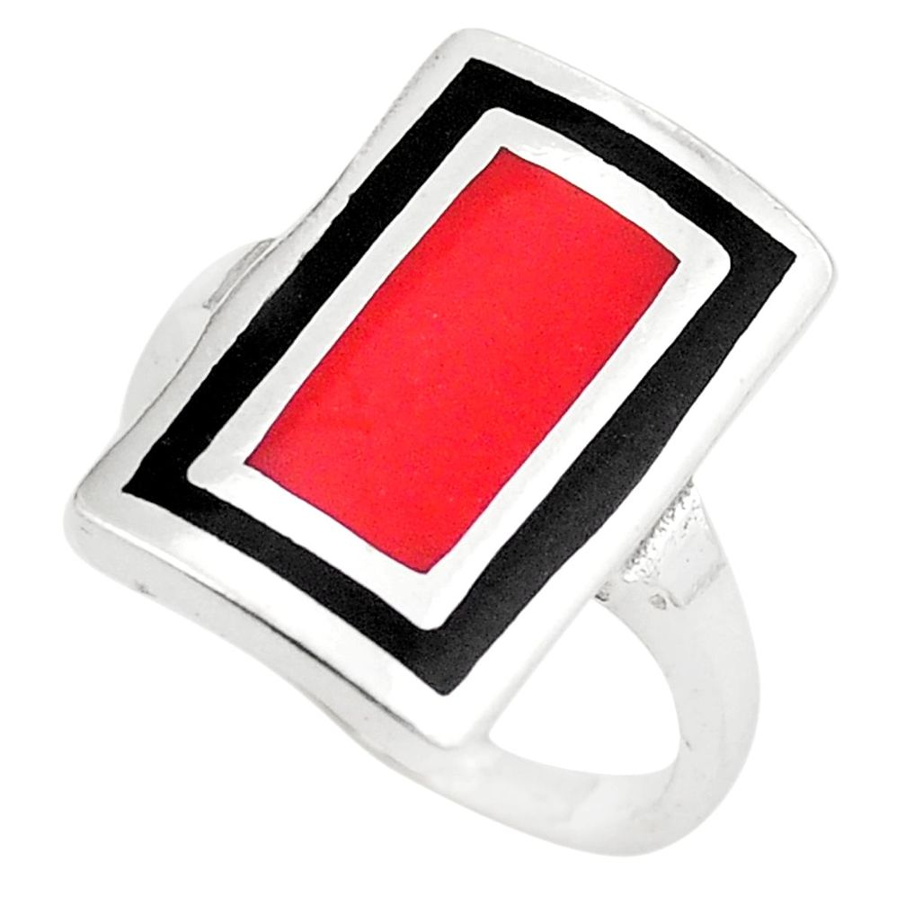 Red coral onyx enamel 925 sterling silver ring jewelry size 6.5 a75940