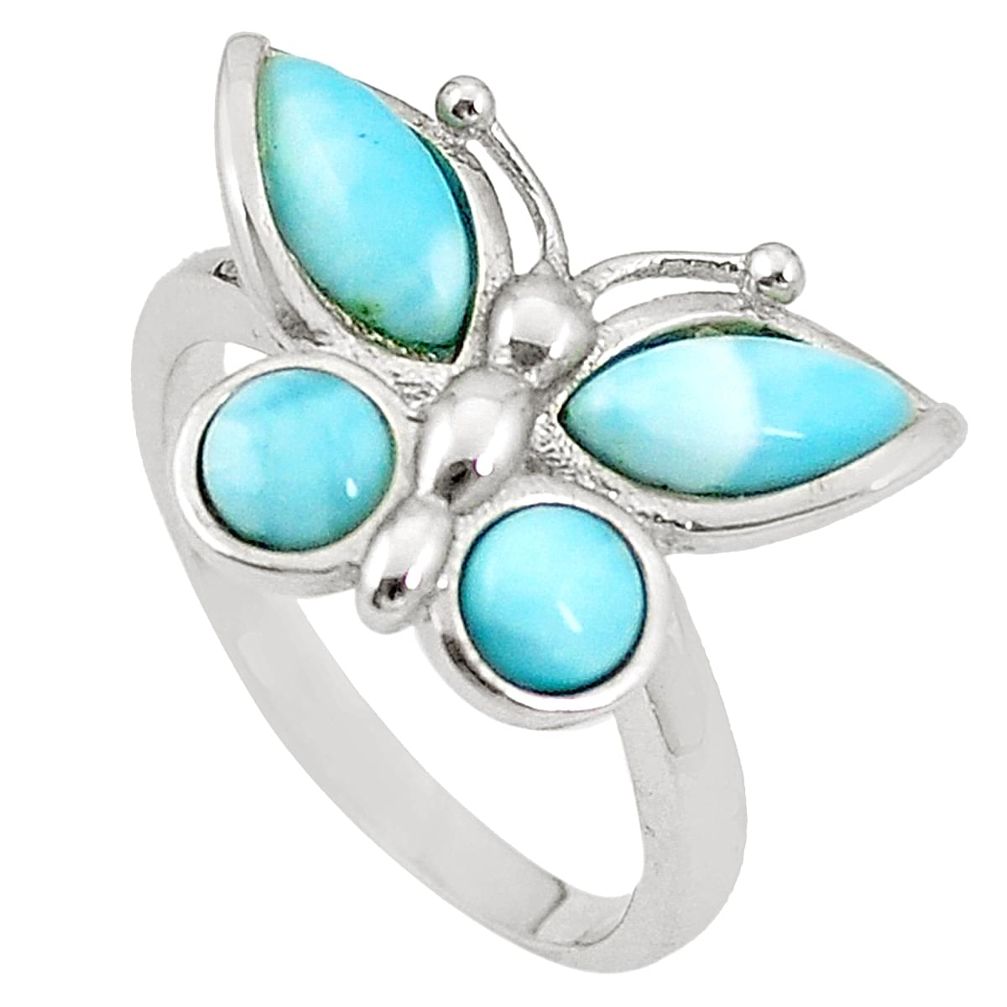 Natural blue larimar 925 sterling silver butterfly ring size 7.5 a76496