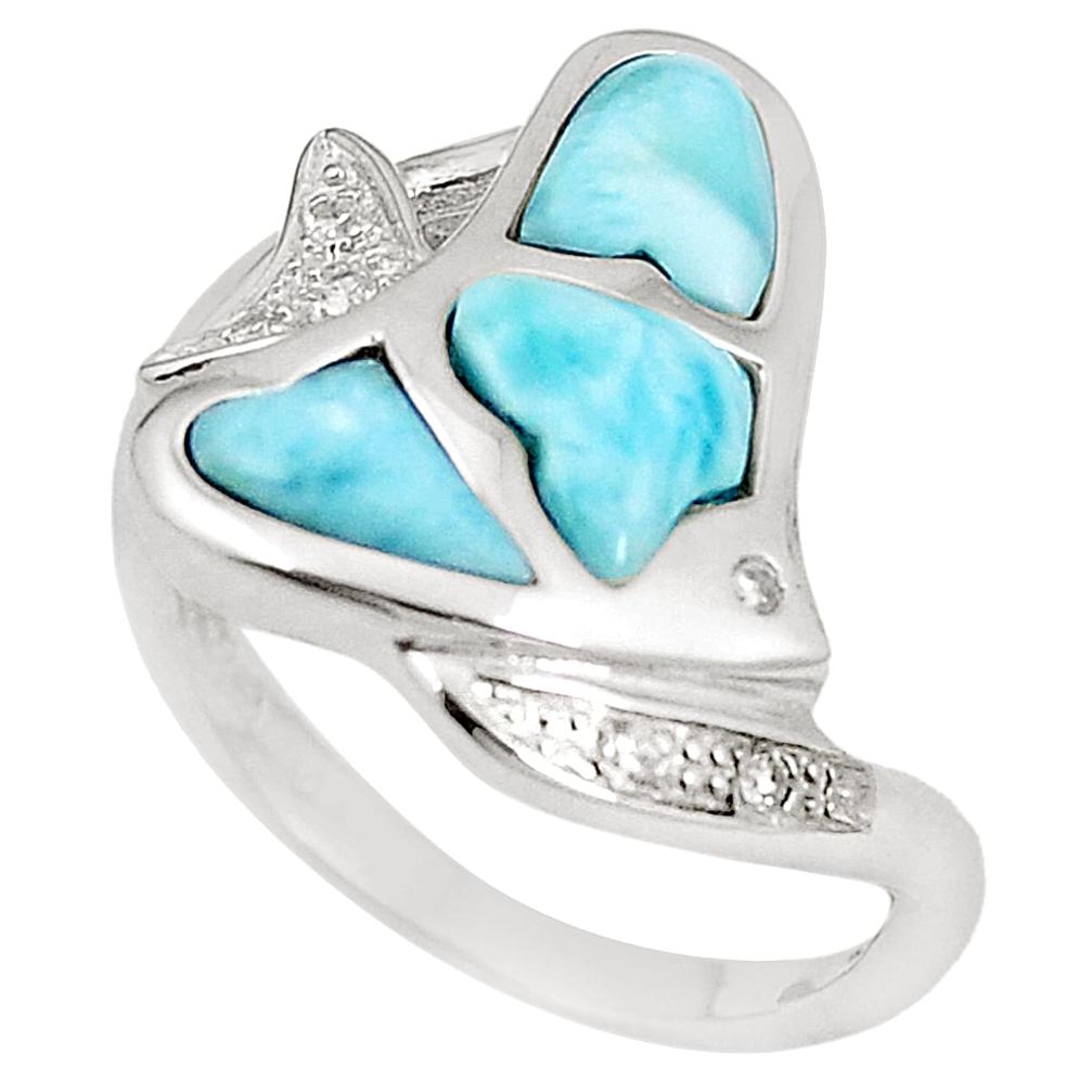 Natural blue larimar topaz 925 sterling silver fish ring size 7 a76497