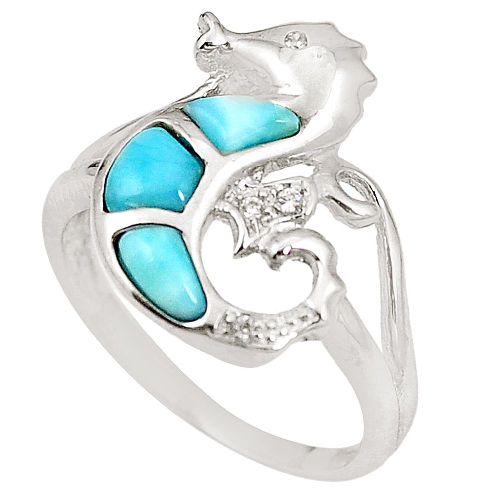 Natural blue larimar topaz 925 silver seahorse ring size 8.5 a76522