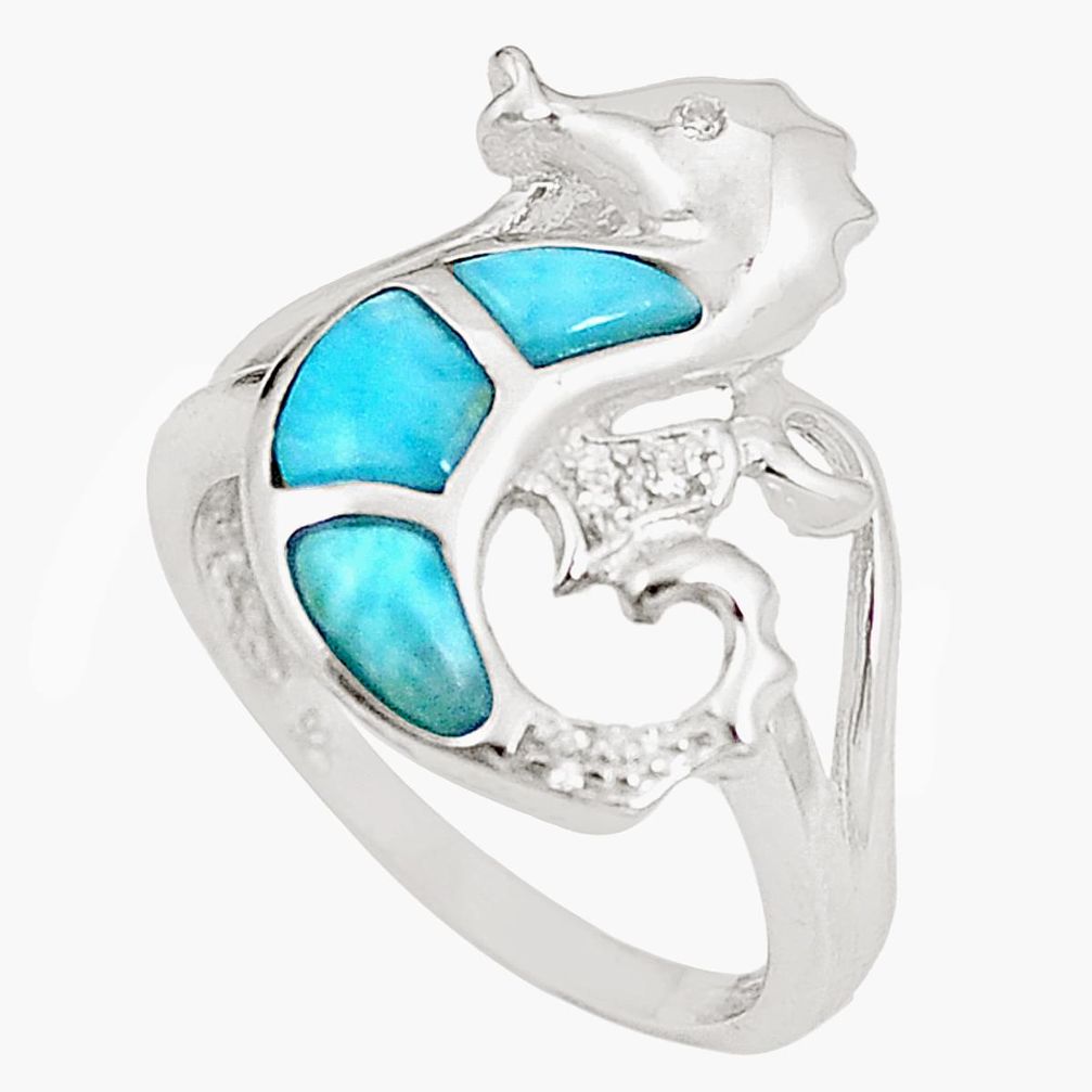 Natural blue larimar topaz 925 sterling silver seahorse ring size 6.5 a76533