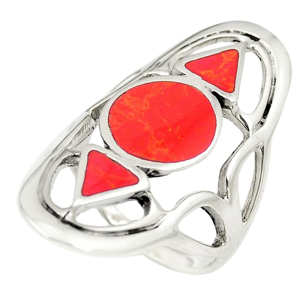 Red coral enamel 925 sterling silver ring jewelry size 6.5 a77369