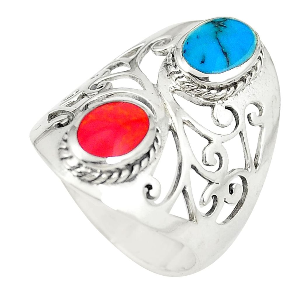 925 sterling silver red coral turquoise ring jewelry size 7.5 a77377