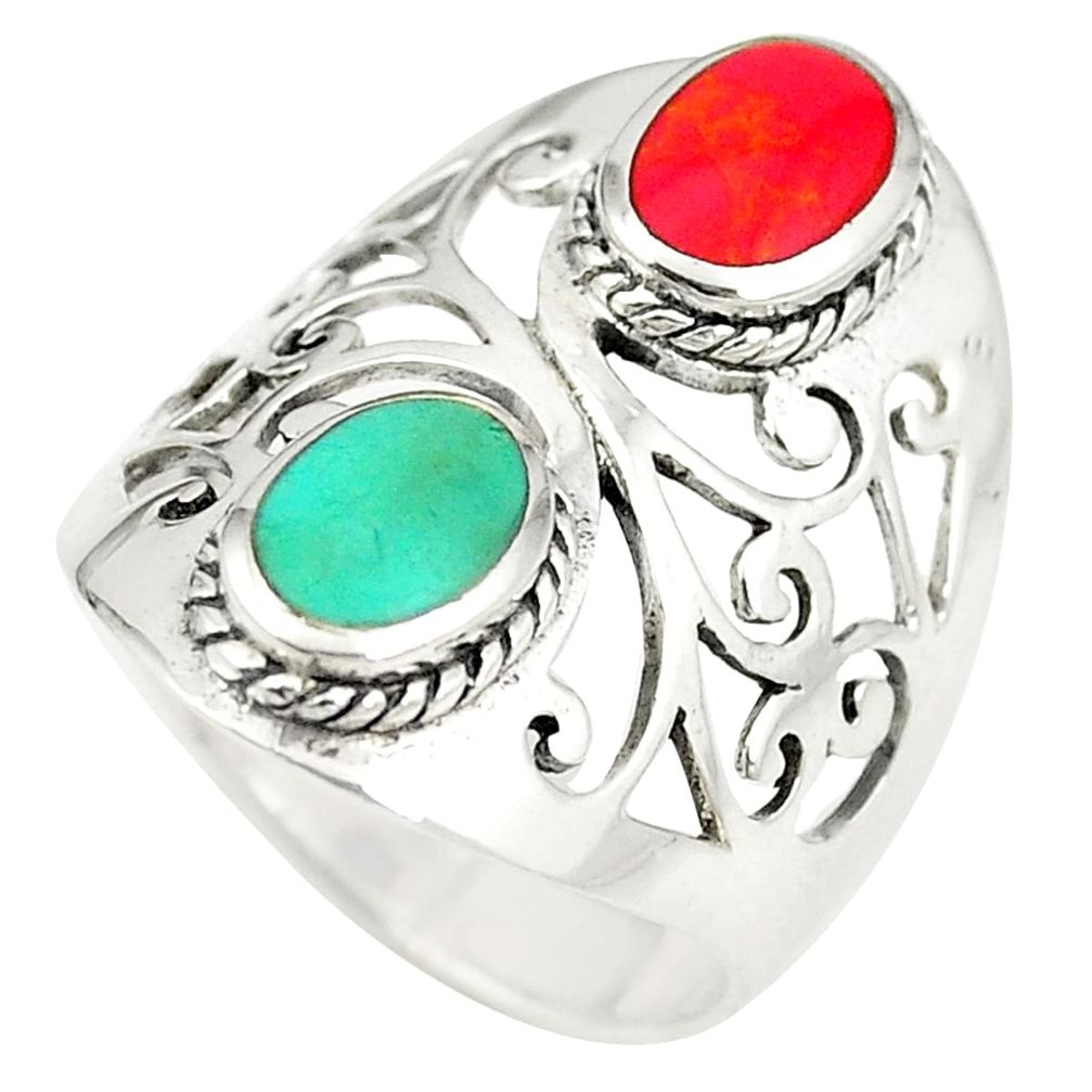 Fine green turquoise coral 925 sterling silver ring jewelry size 7.5 a77414