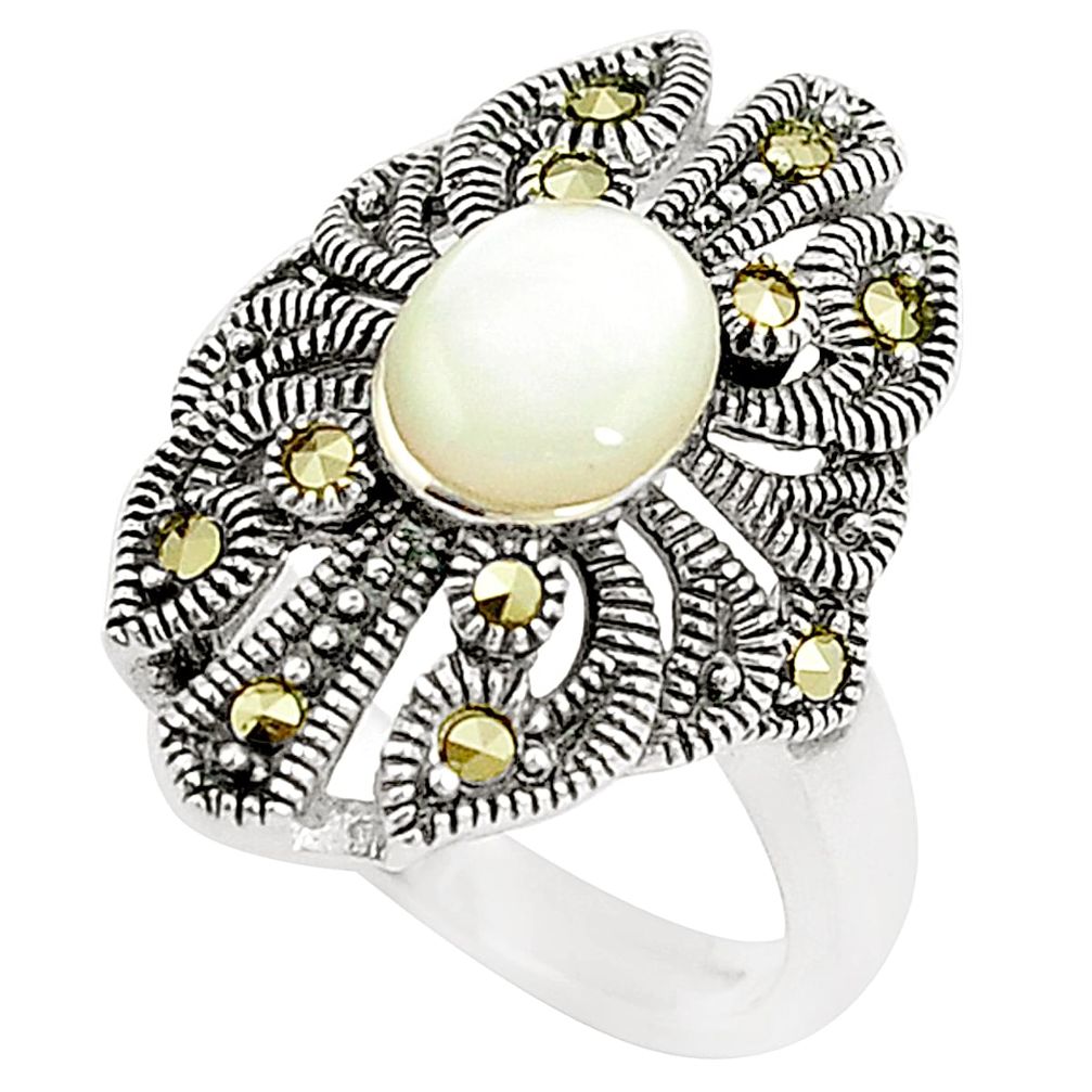 Natural white pearl marcasite 925 sterling silver ring size 6 a78870