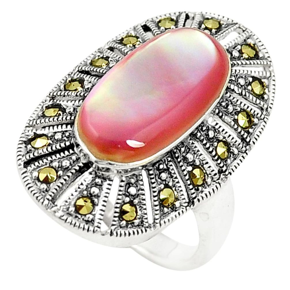 Natural pink pearl marcasite 925 sterling silver ring size 7.5 a78898
