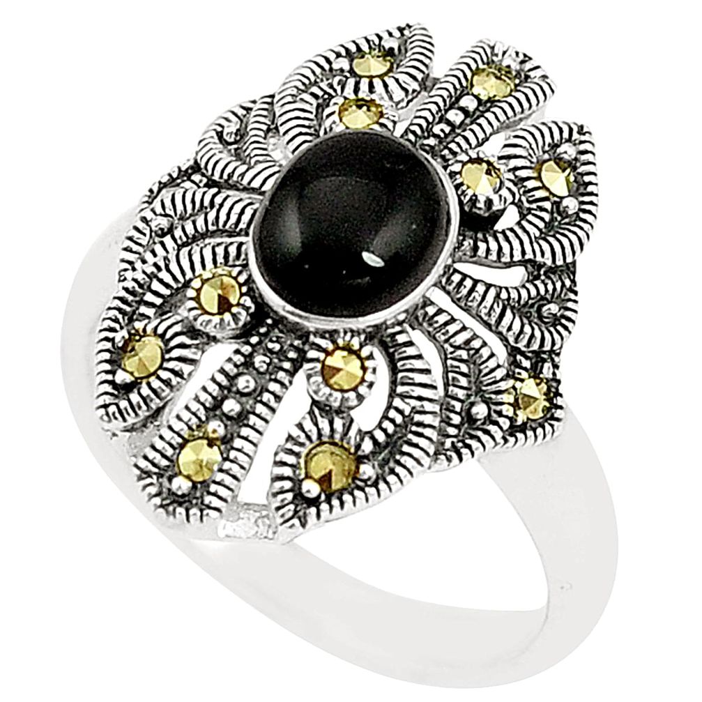 Natural black onyx marcasite 925 sterling silver ring size 9.5 a78904