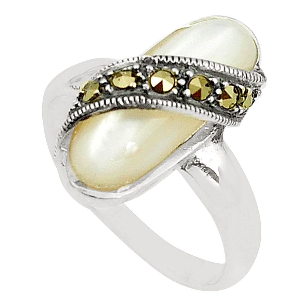 Natural white pearl marcasite 925 sterling silver ring size 8.5 a78913