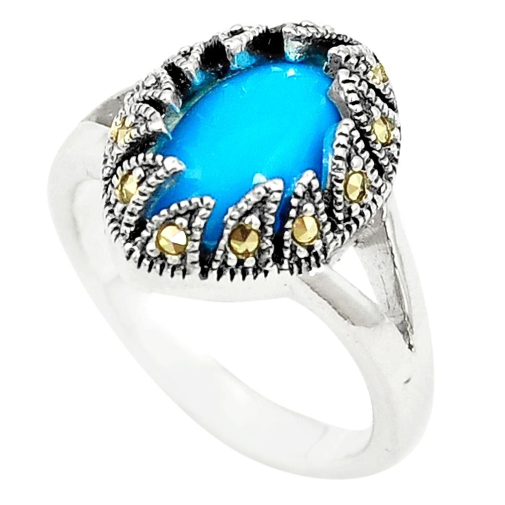 Blue sleeping beauty turquoise marcasite 925 silver ring size 8.5 a78935