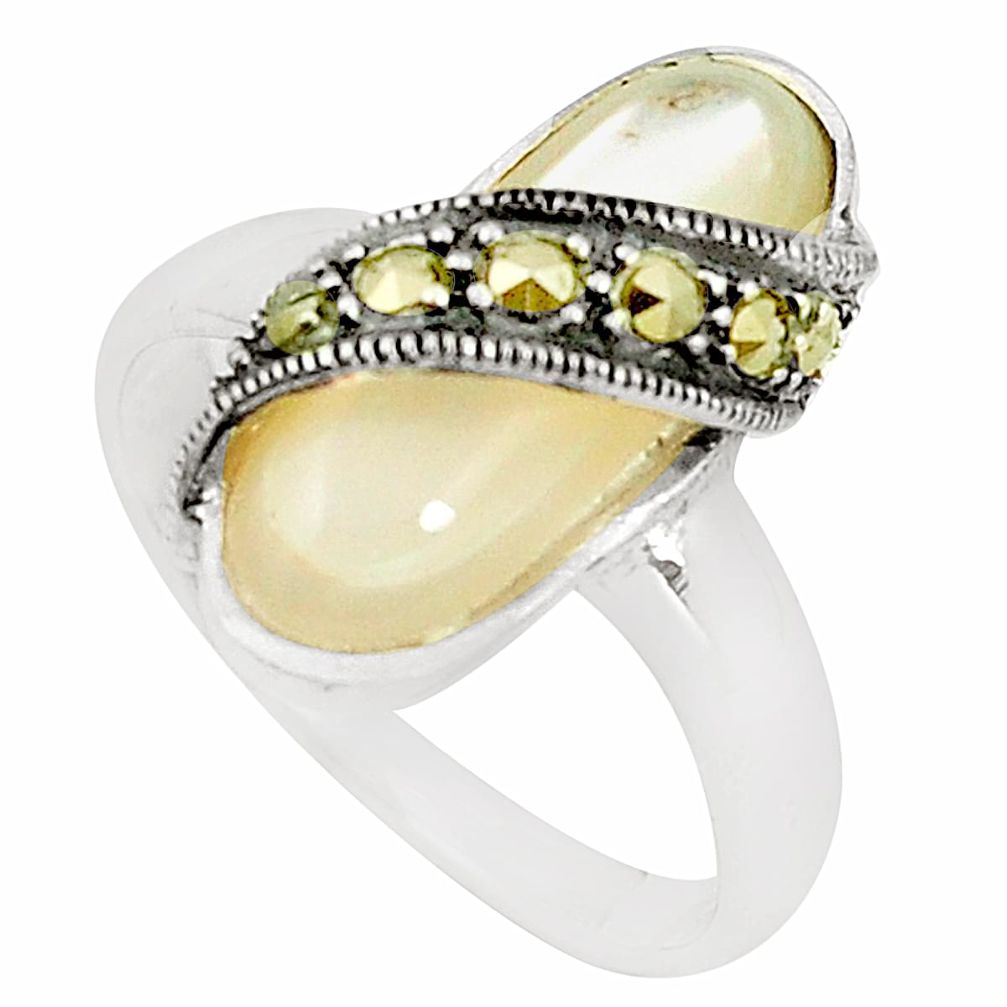 Natural white pearl marcasite 925 sterling silver ring size 7.5 a78983