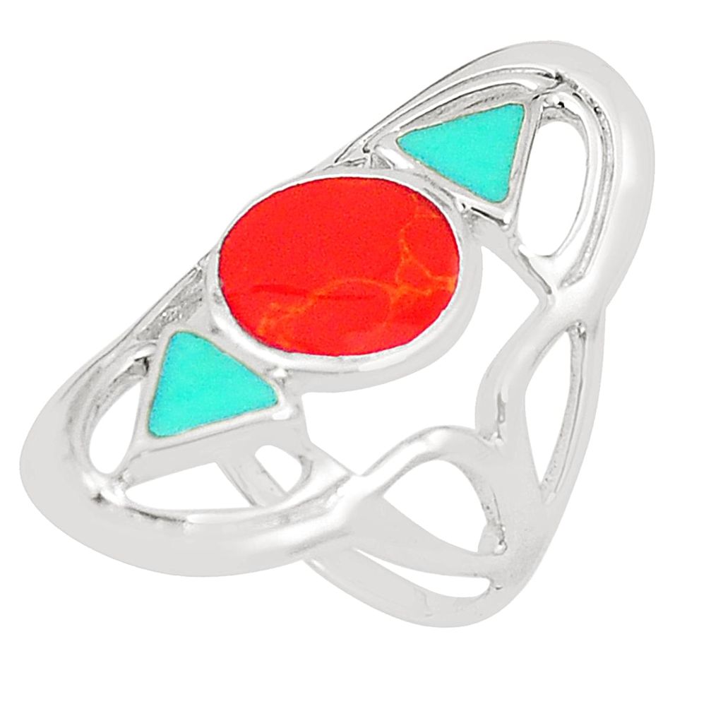 Red coral turquoise enamel 925 sterling silver ring size 6.5 a80824